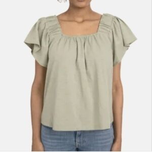 BearPaw Flutter Sleeve Green Top Women's Large Off The Shoulder Slub Knit Shirt
